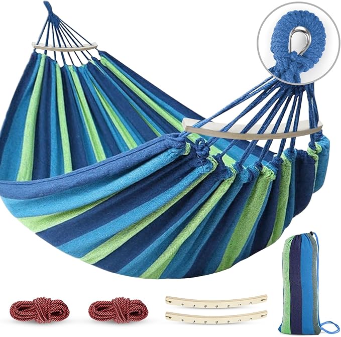 MOSFiATA Hammocks Portable Camping Hammock Upgraded 550lb Comfortable Fabric Hammock with Two Anti Roll Balance Beam and Sturdy Tree Straps for Camping, Patio, Backyard, Outdoor （Blue Green）