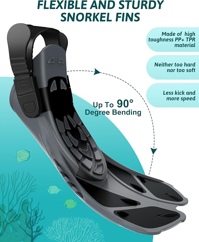 Viginsul Mask Fins Snorkeling Gear for Adults, Full Face Snorkel Mask & Adjustable Swim Fins Snorkel Set, Panoramic View Snorkel Mask Dry Top Anti-Fog Anti-Leak