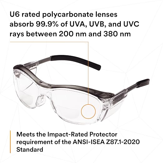 3M Safety Glasses with Readers, Nuvo Readers, +2.0 Diopter, Pack of 1, ANSI Z87, Clear Lens, Gray Frame, Soft Nose Bridge, Side Shields