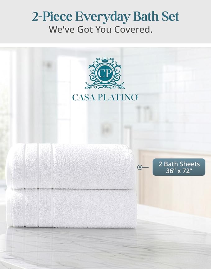 Casa Platino 100% Cotton 2 Pack Bath Sheets (36"x72") - Ring Spun Cotton - Extra Large Bath Towels Set - Quick Drying, Soft & Absorbent Oversized Bathroom Towel Sets - Hotel Quality - White Towels