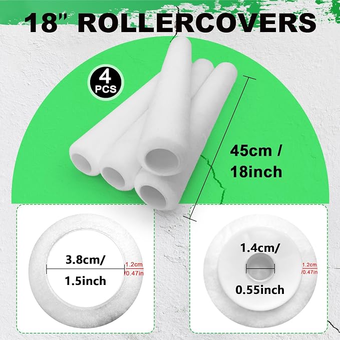 4pcs 18 Inch Paint Roller Set, Large Paint Roller Covers with End Caps for Ceiling,Wall,Floor,Decks Painting