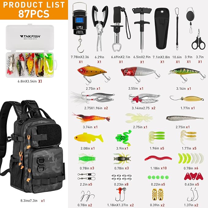 THKFISH Fishing Tool Kit, Backpack and Tackle Box with Tackle Included Lures Hooks Sinkers Accessories Kit,Pliers, Fish Lip Gripper, Fishing Gear and Fishing Gift for Men (Black Camo-87pcs)