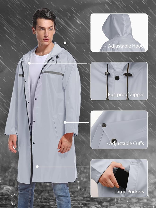 Mens Long Hooded Safety Rain Jacket Waterproof Emergency Raincoat Poncho