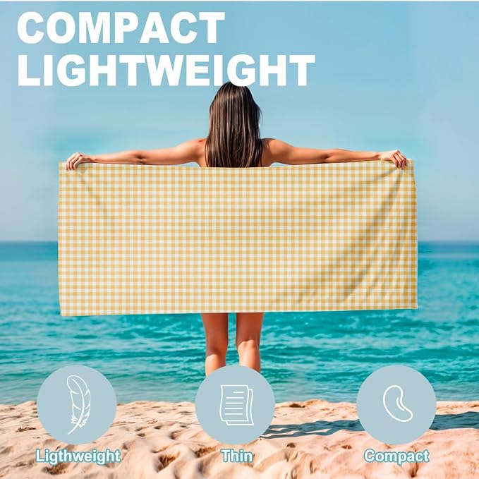 2 Pcs Microfiber Beach Towel Sand Free Quick Dry Oversized Yellow White Gingham Checkered Lightweight Travel Pool Towels for Adults Swim Camping 71 x 32 Inches