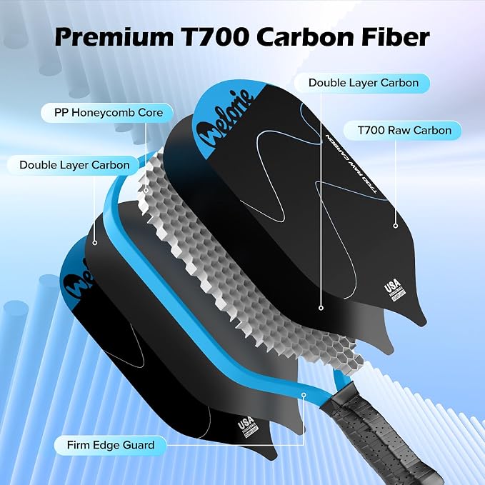 T700 Carbon Fiber Pickleball Paddles,Pickleball Racket with 16mm Polypropylene Honeycomb Core, Lightweight Pickle Ball Paddle Ultimate Spin & Control for Intermediate Level Player