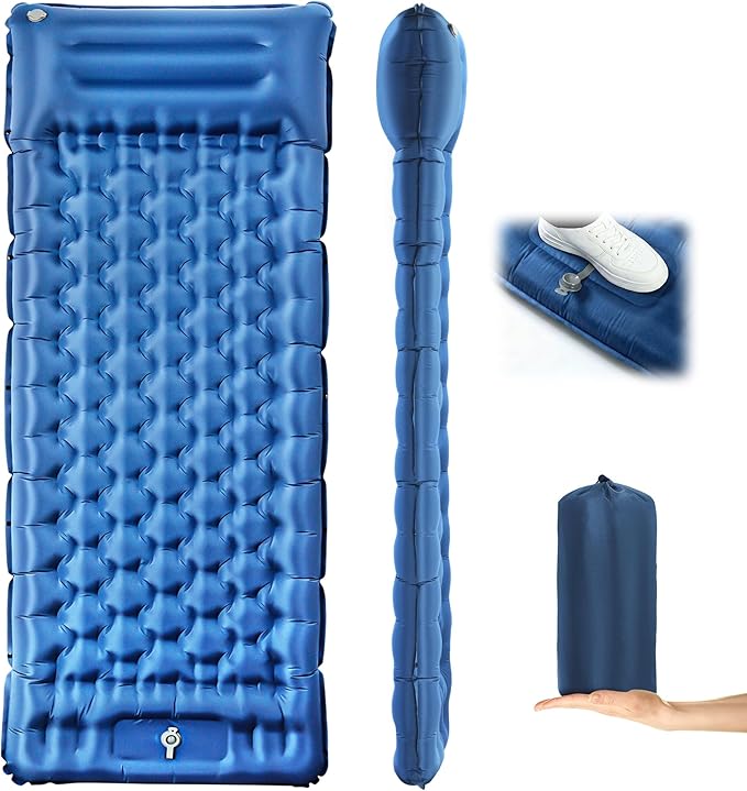 Camping Sleeping Pad, 4.7" Extra-Thick Camping Mattress with Pillow, Built-in Foot Pump Ultralight Inflatable Sleeping Pads for Camping Hiking Backpacking Traveling Tent, Navy Blue, Single