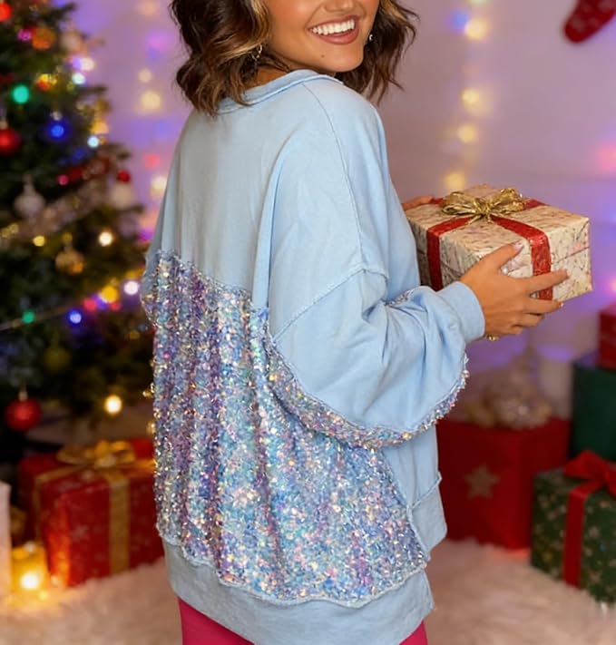 Chvity Sweatshirts for Women Sequin Patchwork High Low Hem Henley Oversize Soft Casual 2025 Fall Sweatshirt