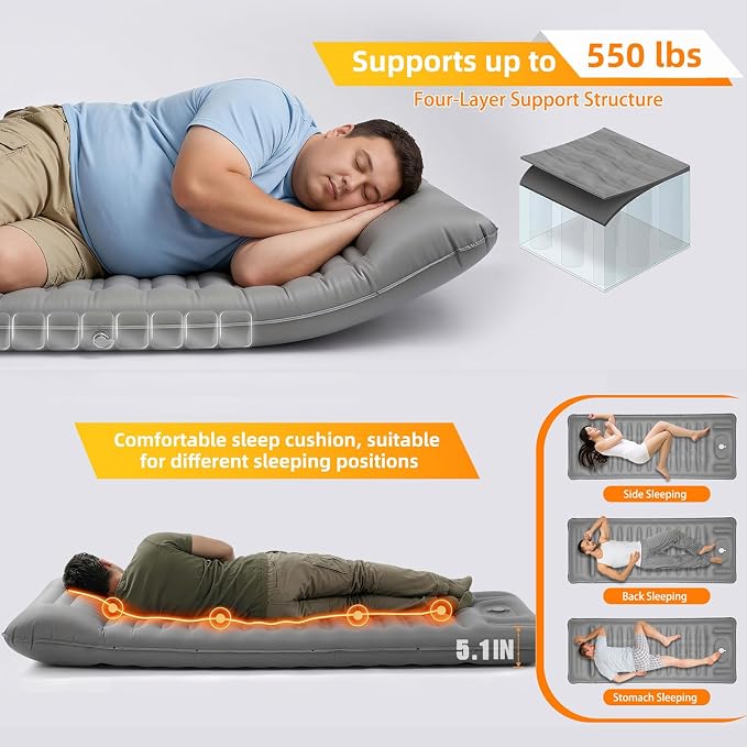 Camping Sleeping Pad, Extra Thick 5 Inch Self Inflating Camping Mat with Ultralight Sleeping Bag Liner Travel Sheet, Camping Pads with Pillow & Foot Pump for Outdoor Hiking, Backpacking, Travel(Grey)