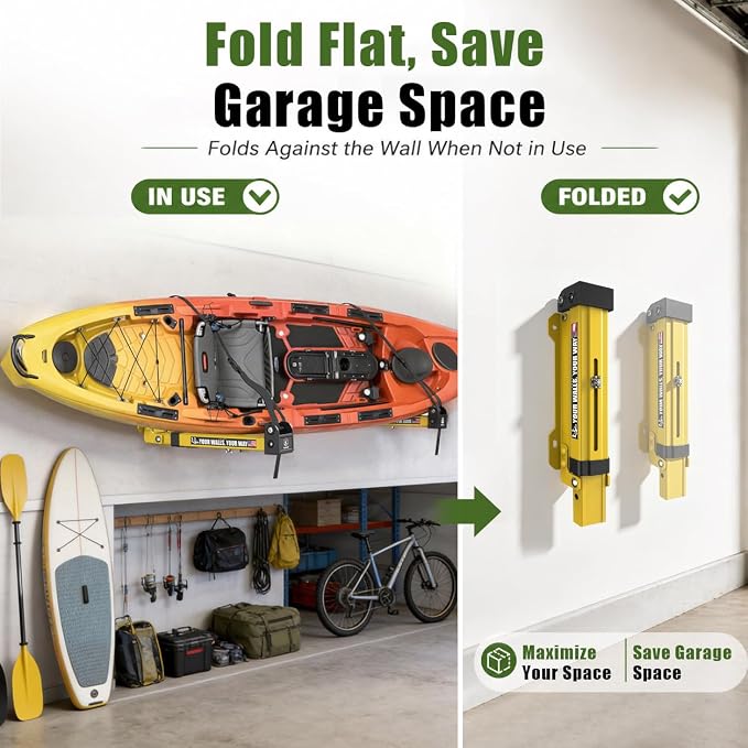 Kayak Storage Hooks Wall Mount Rack, Heavy Duty Garage Storage Hangers with Folding Arms, Adjustable Width, Non-Slip Padding and Secure Strap for Kayak Canoe Paddle Board Surfboard, Indoor Outdoor Use