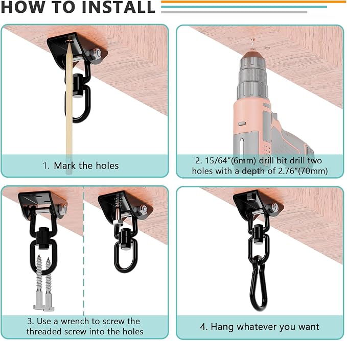 360°Rotating Hammock Hanging Kit, Heavy Duty 1200 lb Capacity Stainless Steel Hanging Swing Hooks, 1 Pack Swing Hanger for Yoga, Hammock Chair, Sandbag, Swing Sets(Black