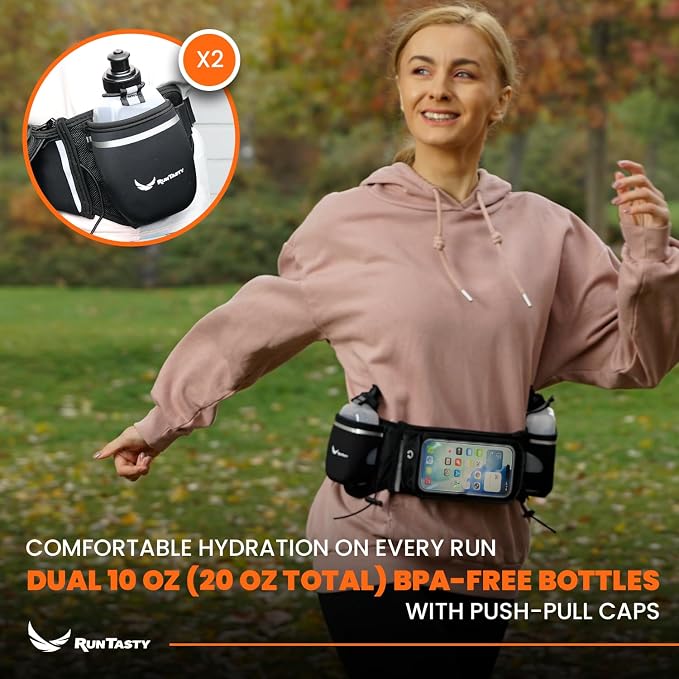 No.1 Hydration Belt by Runtasty - Premium Running Fuel Belt w/2 BPA-Free 10 oz Water Bottles, Tilt-Up Pocket w/Touchscreen-Ready Cover - Fits All iPhones, Runners Ebook & No-Bounce Design