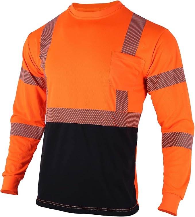 VENDACE 3 Pcs Safety T Shirts Reflective High Visibility Hi Vis Long Sleeve Construction Work Shirts for Men (Orange,L)