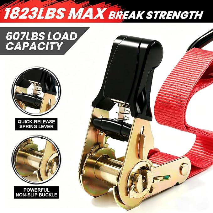 Ratchet Straps Medium Duty 4 Pack -1 Inch x 15 Feet (1,823LB Break Strength)- Motorcycle Tie Down Straps -Soft Loops with Bungee Cords- Ratchet Tie Down Set for Powersports, Motorcycle or Moving Cargo