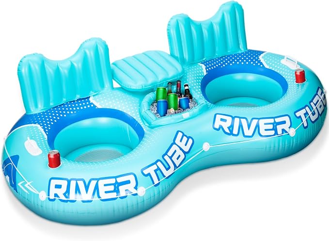 Inflatable River Tube Float, 2 Person Heavy Duty Pool Float with Built in Cooler, Ergonomic Backrest and Cup Holders for Adults, Lake Water Tubes for Floating Summer Relaxation