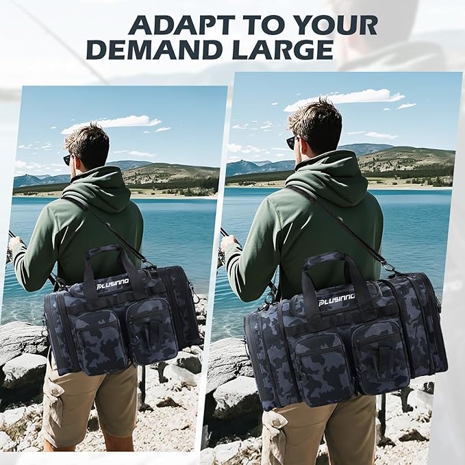 PLUSINNO Tackle Bag - Expandable Fishing Bag with fishing tools for Saltwater & Freshwater - Water Resistant Fishing Gear Shoulder Bag For Men, All-purpose Carrying Bags for Outdoors