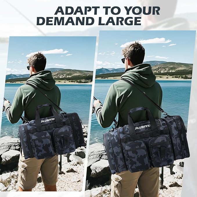 PLUSINNO Tackle Bag - Expandable Fishing Bag with fishing net for Saltwater & Freshwater - Water Resistant Fishing Gear Shoulder Bag For Men