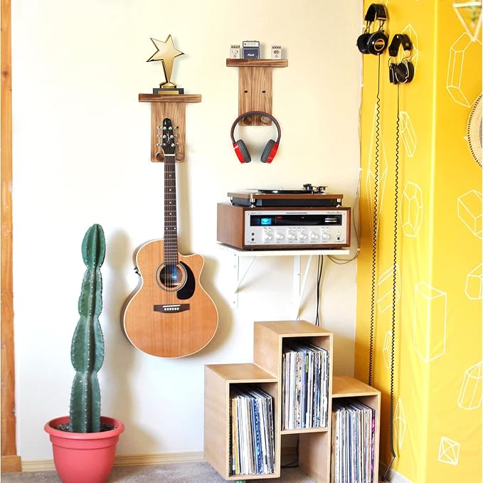 Keebofly Guitar Wall Hanger,2 Pack Guitar Wall Mount Holder Guitar Hanger Shelf with Pick Holder Solid Pine Wood Guitar Rack for Acoustic or Electric Guitar,Ukulele,Bass,Mandolin Brown，[Patented]