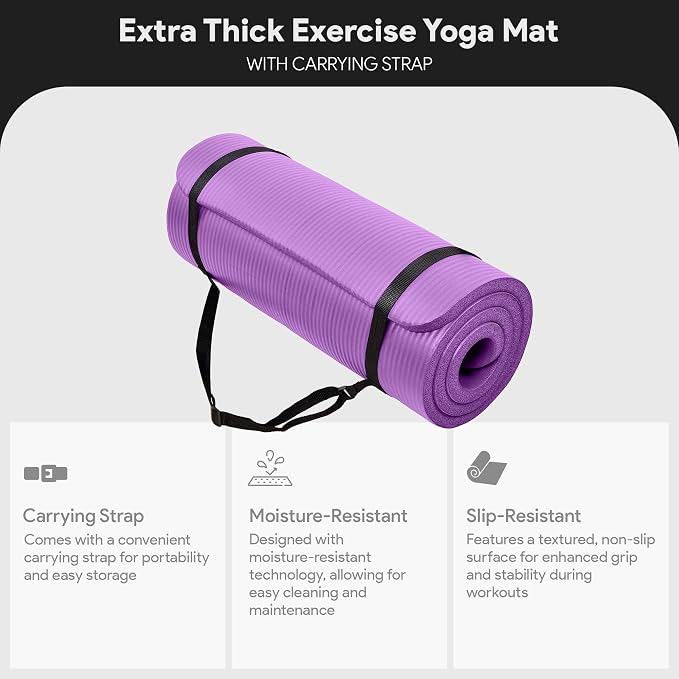 BalanceFrom Yoga Mat, 1-Inch Extra Thick High Density Exercise Mat, Anti-Tear Exercise Yoga Mat with Carrying Strap, Suitable for Various Yoga Exercises, Multiple Colors