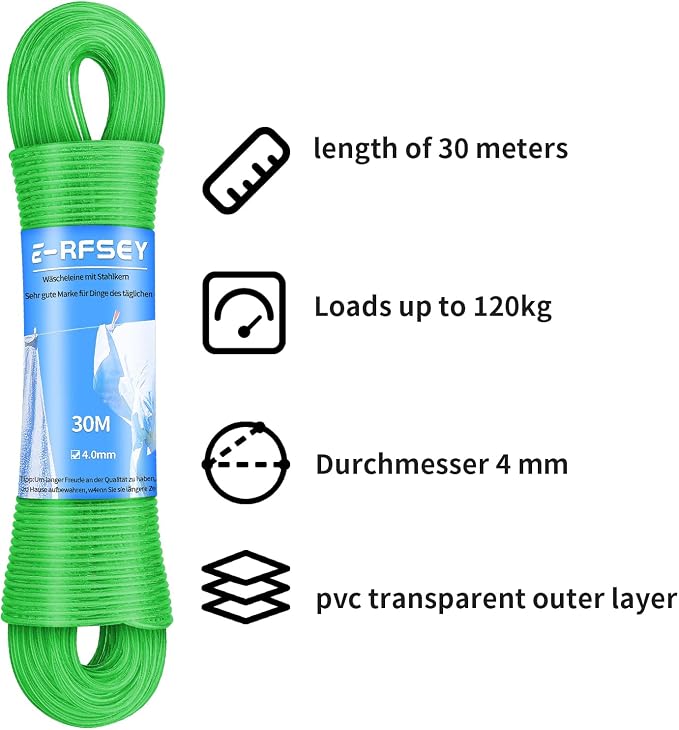 Extra Strong 100ft Washing Line - Outdoor Washing Line, Waterproof and Rustproof, Extremely High Load Capacity, Suitable for Gardens and Balconies (4mm Diameter)