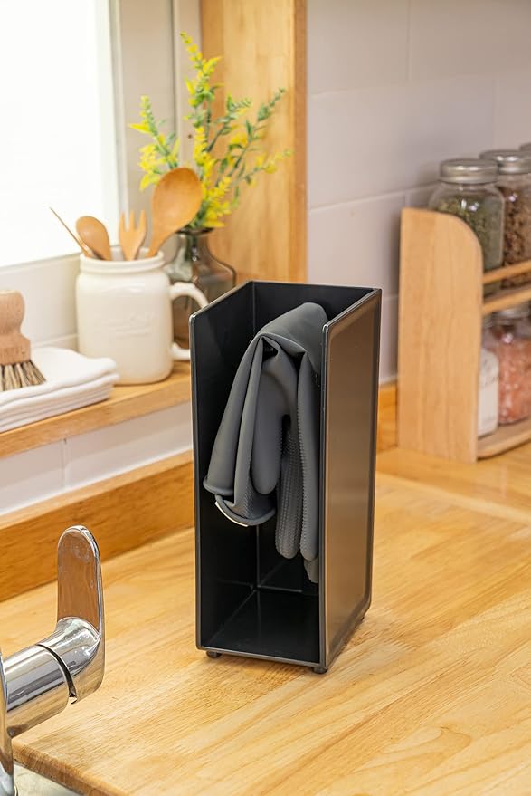 COELO Hidden Glove Drying Holder Rack Dryer for Kitchen Gloves Cloth Linen Sponge Loofah Table Top Stand with 1 Pair Dishwashing Rubber Glove, Black