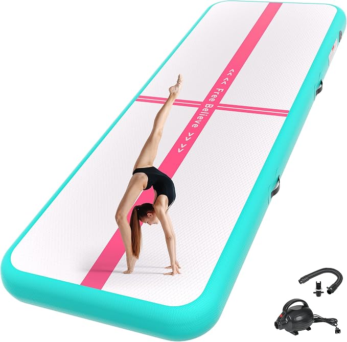 Pink Gymnastics Mat Inflatable Tumble Track Mats 10/13/16/20ft Training Mats for Home Air Mat for Kids with Pump 4”/6” Thick for Cheerleading/Yoga/Exercise/Parkour/Beach/Park/Water
