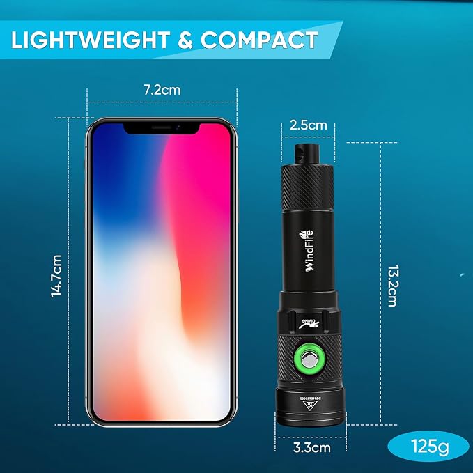WindFire Dive Lights Scuba Diving Flashlight, IP68 Waterproof 262 ft Underwater Flashlight, Rechargeable Snorkeling Spotlight Torch with 4 Modes & Power Indicator for Night Diving, Caving