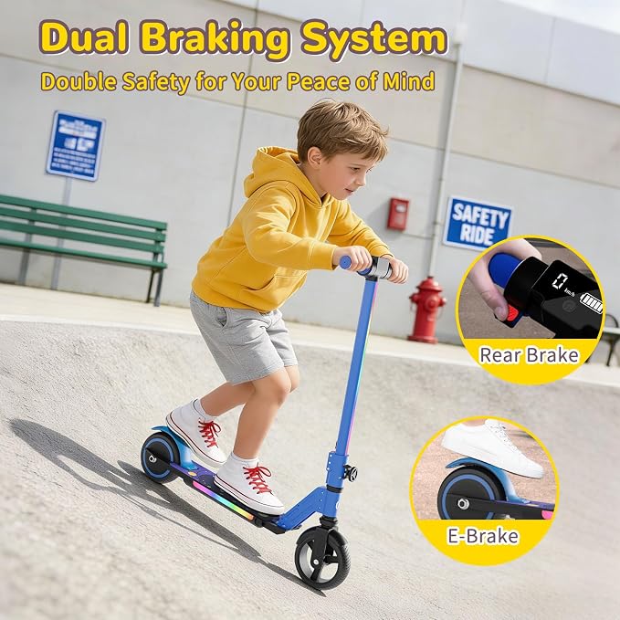 SIMATE Electric Scooter for Kids 6-14, e Kick Scooter with LED Display and Colorful Lights, Adjustable Height and Foldable, Double Brake, Gifts for Kids Girls Boys