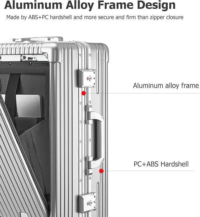 feilario Aluminium Frame PC Hard Shell Spinner Wheels Luggage,20.8"X15"X8.7 Airline Approved Built-In TSA lock Carry on Suitcase, with Cup Holder, USB Port, Phone Holder