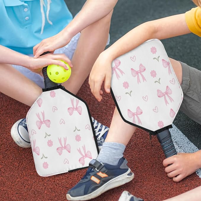 Flowers Bows Pickleball Paddle Cover Racket Sleeve Bag with Handle Strap Mesh Pocket 12.4 × 9.45 Inch Universal Fit for USAPA Standard Paddles for Outdoor Travel 2 PCS