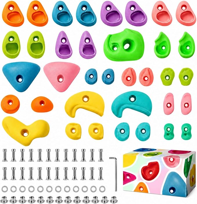 36 Pack Rock Climbing Holds with M10 Hardware, Textured Resin Wall Grips | Assorted shapes for route setting; fits garage & home gym wood walls; 230lb capacity; adult install required