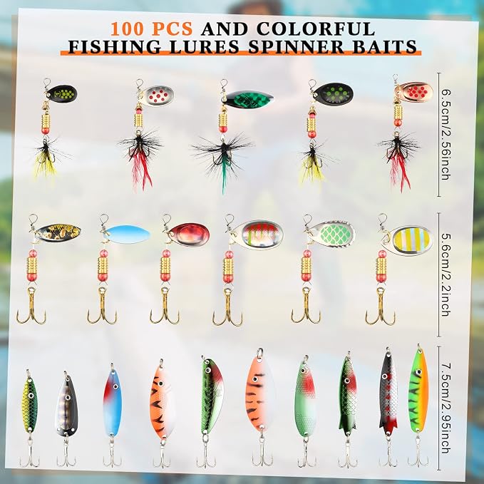 100 Pcs Fishing Lures Spinner Baits Metal Trout Lures Fishing Spinners and Spinnerbaits Metal Baits Kit with 4 Pcs Tackle Box for Salmon Bass Walleye Crappie