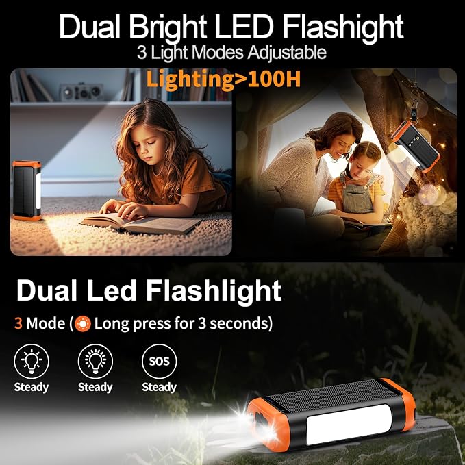 DJKK Solar Power Bank Portable Charger:66800mAh Built in Hand Crank and 3 Cables 22.5W Fast Charging Phone External Battery Pack(5 Outputs & 5 Inputs) with Camping Flashlights/Table Lamp/Compass