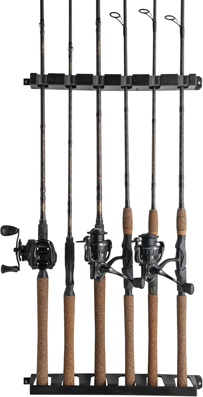 Berkley Vertical Fishing Rod Rack, Stores 6 Rods, Black, Soft Foam Grip Pads Protect Rod Finishes, Durable Construction, Easy to Mount with Common Tools