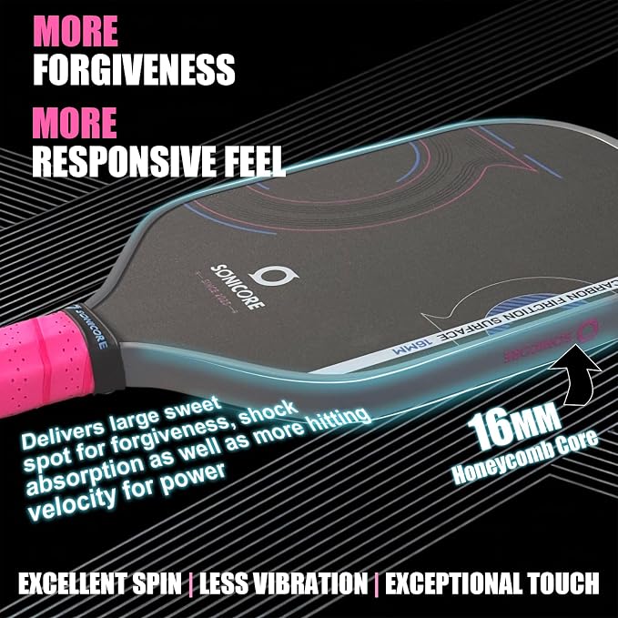 Pickleball Paddle Set, T700 Carbon Fiber, 16mm Core for Control & Spin, Includes 1 Paddle, Paddle Sleeve Cover, 2 Wristbands & 1 Grip Tape | Sonicore CourtVibe