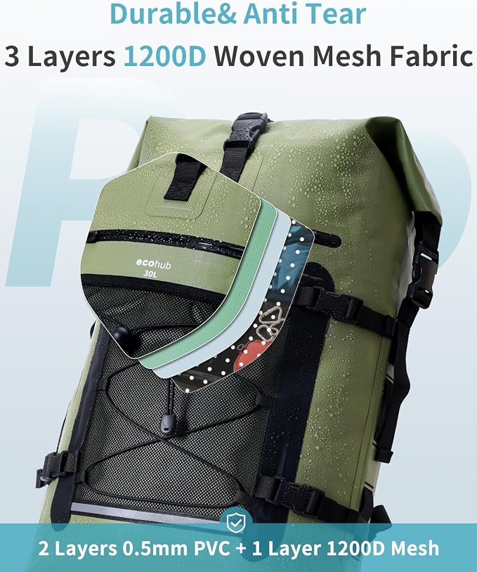 ECOHUB Waterproof Backpack for Women Men, 30L Roll-Top Closure Heavy Duty Dry Bag for Travel with IPX8 Waterproof Phone Case