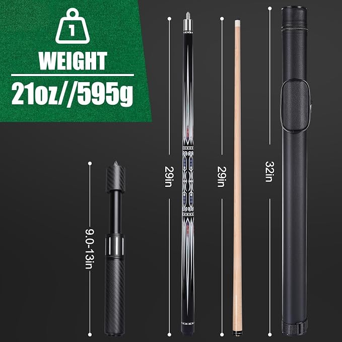 Premium Pool Cue Stick Set, 58'' Billiard Cues Canadian Maple Wood Stick 13mm Tip with Pool Cue Case, Telescopic Carbon Fiber Extension Cue & Billiards Accessories for Billiards Player
