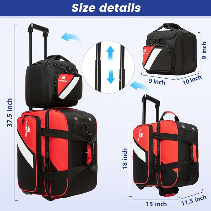 3 Ball Bowling Bags with Wheels, 2 Ball Bowling Bags Double roller with Single Ball Tote, Multi-Pockets & Shoe Compartment (Fits Up to Size 15).
