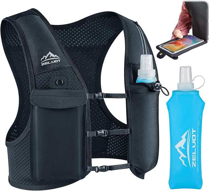 Zelvot Running Vest for Women Men, Adjustable Running Phone Holder Vest, USA Original Patent, Running Hydration Vest with 500ml Soft Flask, Reflective Running Backpack for Hiking Cycling