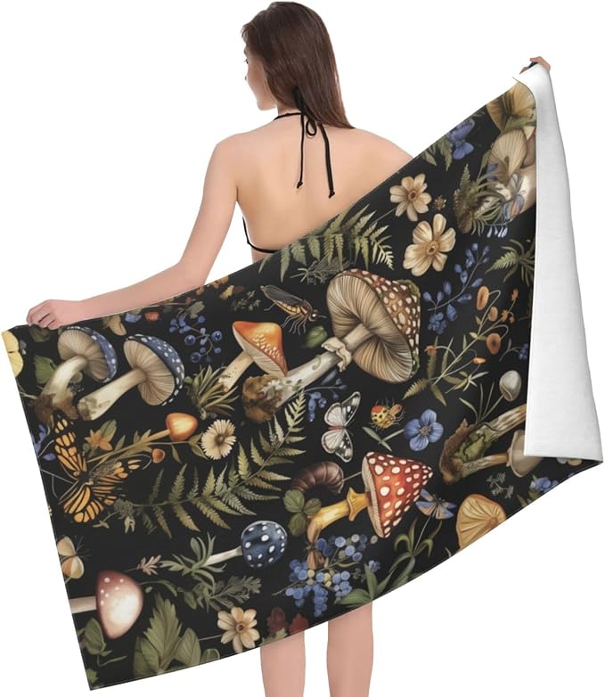 Mushroom Beach Towel, 32x52in Microfiber Quick Dry Enchanted Forest Wildflower Fern Butterfly Bath Towels, Soft Lightweight Oversized Sand Free, for Travel Pool Swimming Gym Decor, Gifts