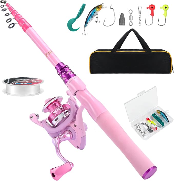 Fishing Rod and Reel Combos, Carbon Fiber Telescopic Fishing Pole Kit with Spinning Reel, Fishing Line, Fishing Lures, Travel Bag for Woman Girl Beginner Saltwater Freshwater