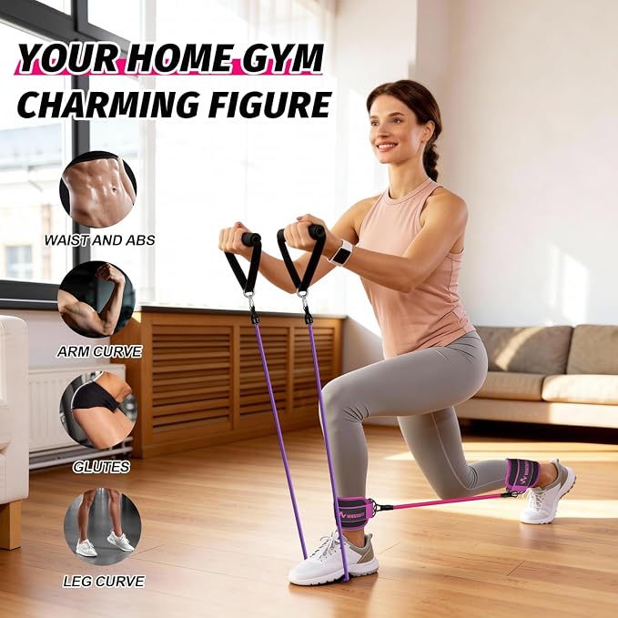 WHATAFIT Resistance Bands, Exercise Bands, Workout Bands with Handles, Door Anchor and Ankle Straps, 5 Resistance Levels Fitness Bands for Strength Training, Physical Therapy, and Home Gym Equipment