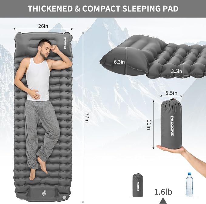 Camping Sleeping Pad, Connectable Design for Double Mat, Ultralight Inflatable Sleeping Mat with Pillow, Built-in Foot Pump, Portable Camping Air Mattress for Backpacking Hiking Tent (Grey)