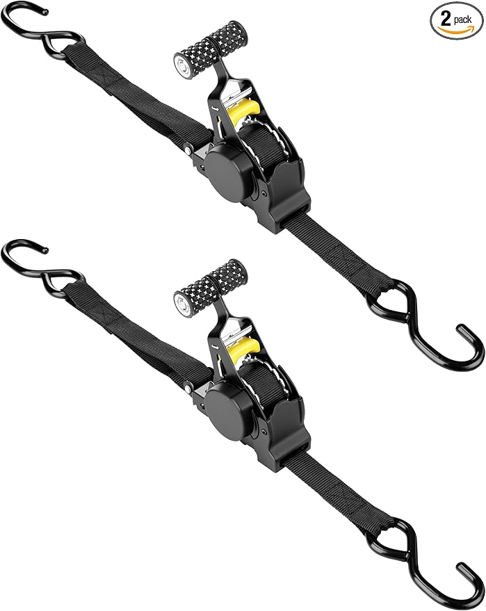 Tomorotec Retractable Ratchet Straps, 1-Inch x 10-Foot Heavy-Duty Tie Downs for Truck, Quick-Release and Telescopic Design, 500 lbs Working Load, 1200 lbs Break Strength, 2-Pack Cargo Straps
