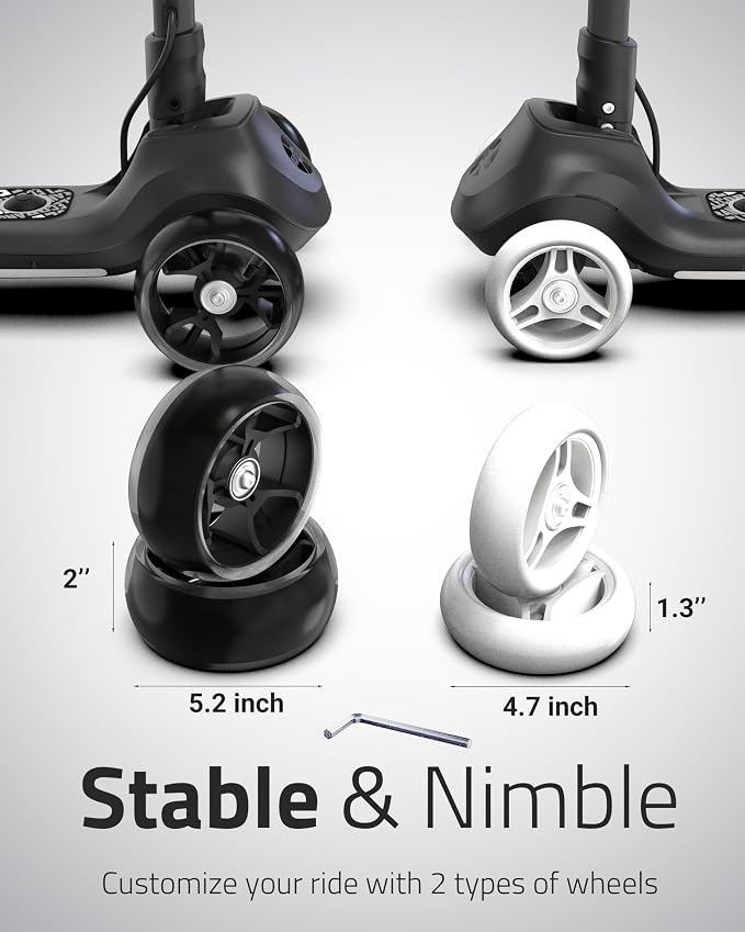 Elecorange T200/T500 Balance Electric Scooter for Kids Age 4-9, 2 Types Front Wheels, Electric Horn, Full Body Lights Up, Wide Deck, 5Mph Safe Speed, 70min Riding, Foldable Kick Scooter Boys & Girl