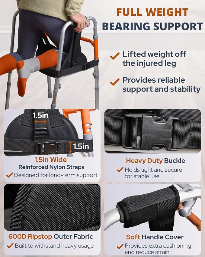 Walker Knee Sling, Adjustable Knee Rest with Padding for Surgery Recovery, Alternative to Crutches & Knee Scooters for Non Weight Bearing, Walker Accessories for Ankle/Foot Injuries