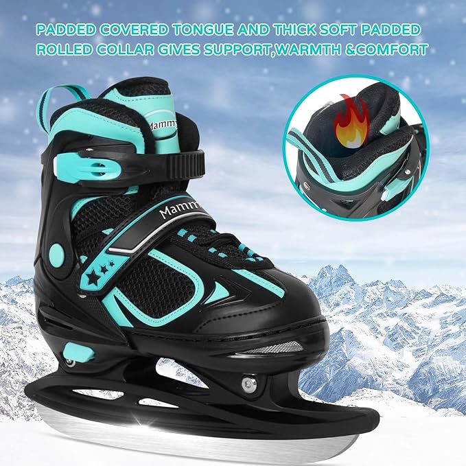 MammyGol Adjustable Ice Skates for Kids Youth Tean Hockey Lace-Up Boys or Girls Ice Skate for Beginner Age 4-12 Blue Black Teal Green