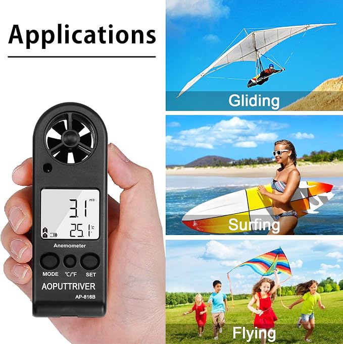 Anemometer Handheld Wind Speed Meter for Measuring Wind Speed Temperature and Max/Average/Current, High Precision Anemometer Measuring for Windsurfing Sailing Fishing Outdoor Activities