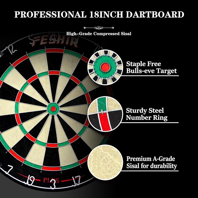 Dart Board,Sisal Dart Board Set for Adults,Bristle Steel Tip Dartboard,Professional 18" Steel Tip Outdoor Dartboard Set,Professional Dart Board Set with 6 Darts Metal Tip