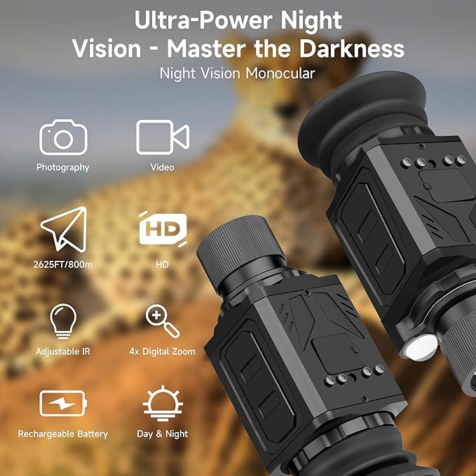 4K Ultra HD Night Vision Monocular, 100% Darkness, 800M Long Range, Portable Rechargeable Tactical IR Night Vision Tripod, Handheld for Hunting, Camping, Wildlife & Surveillance