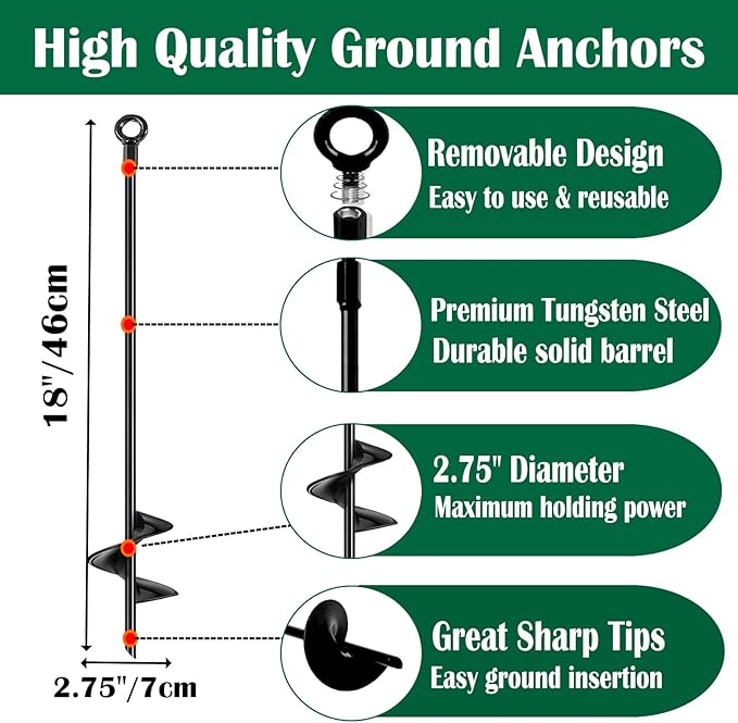 18 inch Ground Anchors Srew in Heavy Duty, Earth Shed Anchor Kit, Trampoline Stake Hook for Dirt, Swing Sets, Playset, Tent, Canopy, Carport, Hurricane, Mobile Home Tie Down, 4pcs